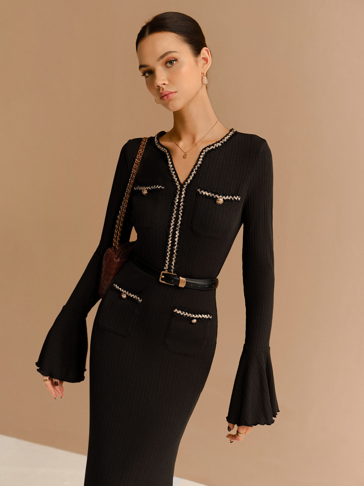 Elegant Contrast Binding Ruffle Slim Dress Without Belt-Chicvia