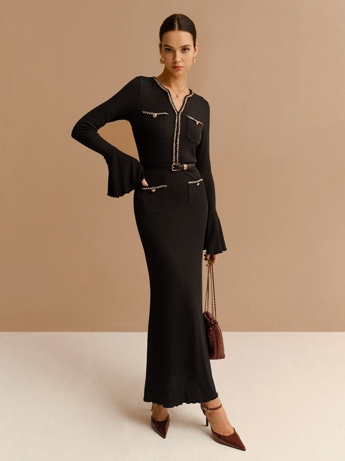 Elegant Contrast Binding Ruffle Slim Dress Without Belt-Chicvia