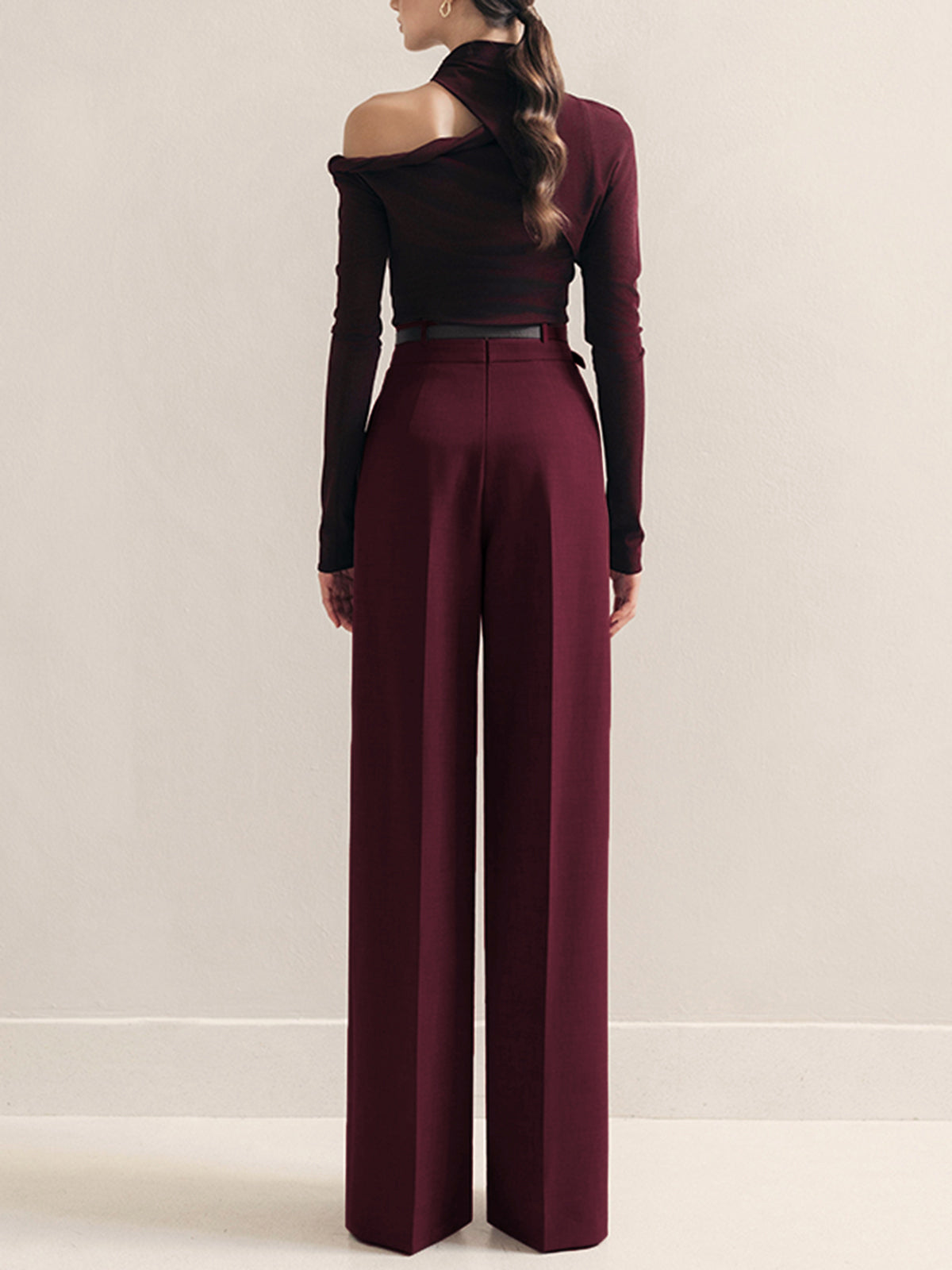 Metal-Belt Pleated High-Waist Pants-Chicvia