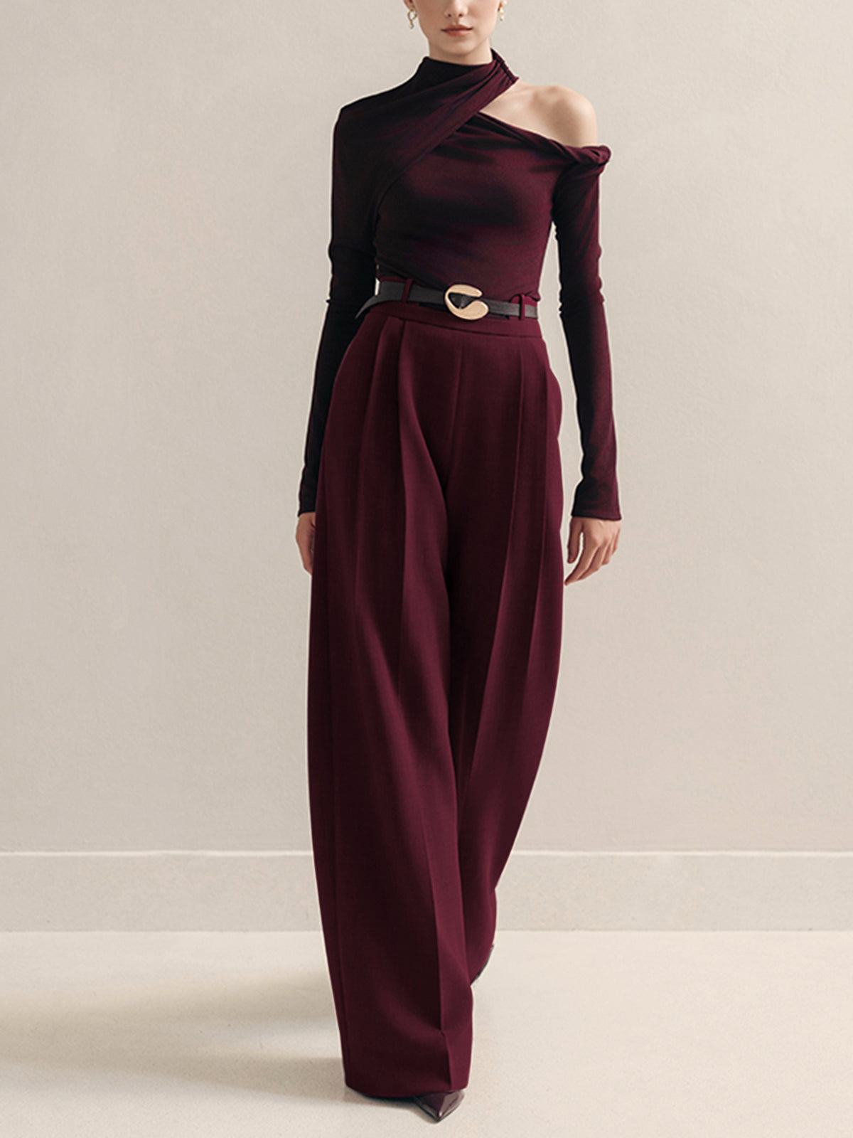 Metal-Belt Pleated High-Waist Pants-Chicvia