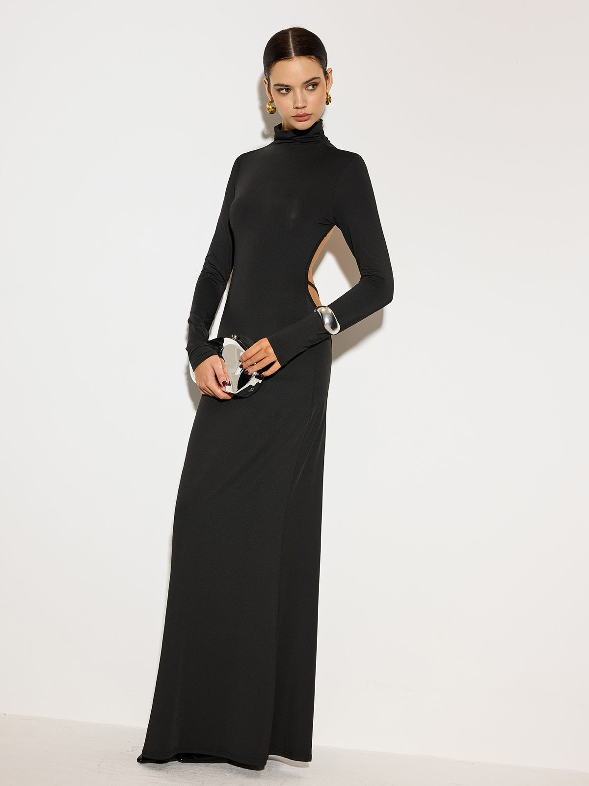 Mock Neck Open Back Long Dress-Chicvia