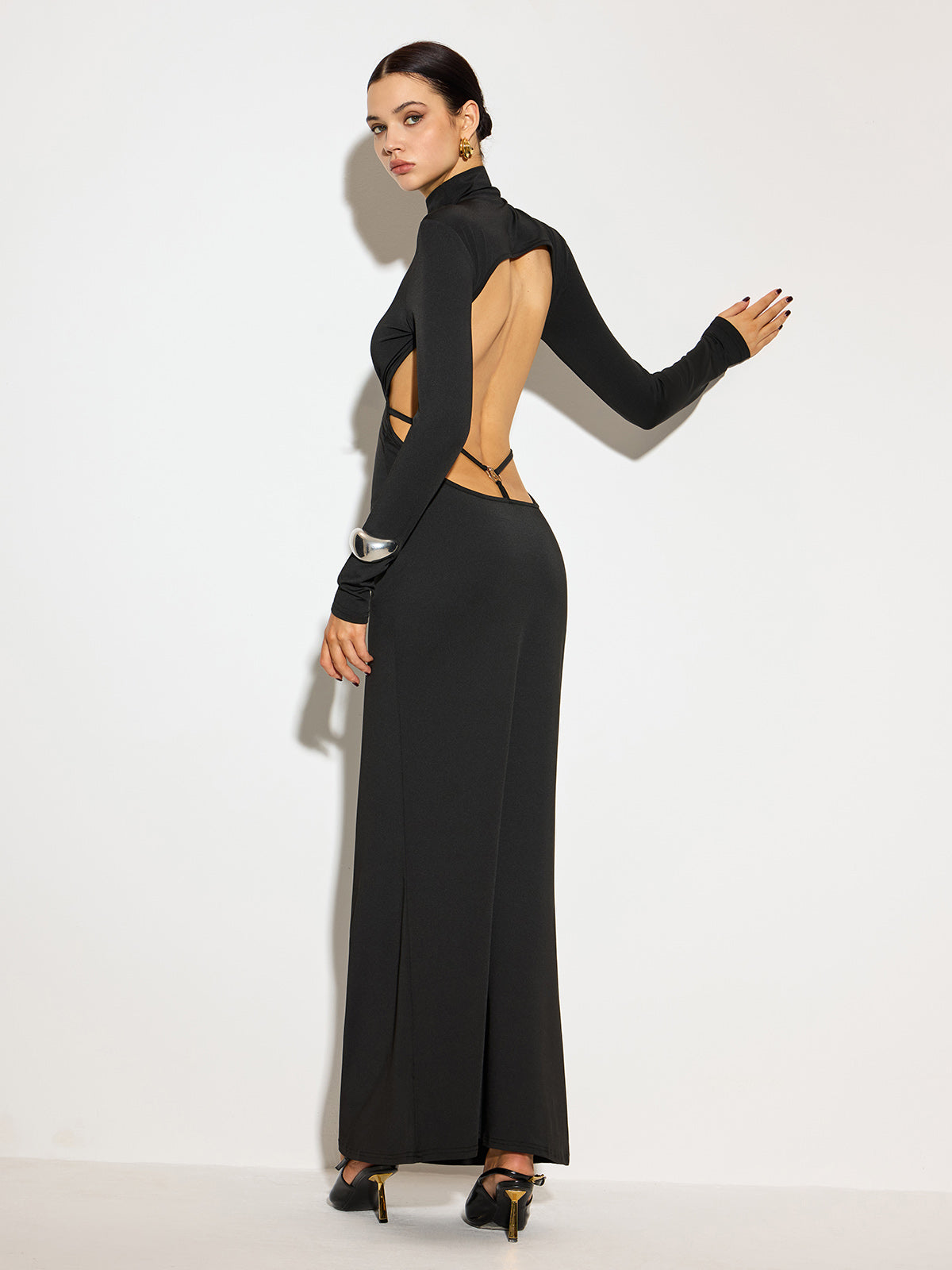 Mock Neck Open Back Long Dress-Chicvia