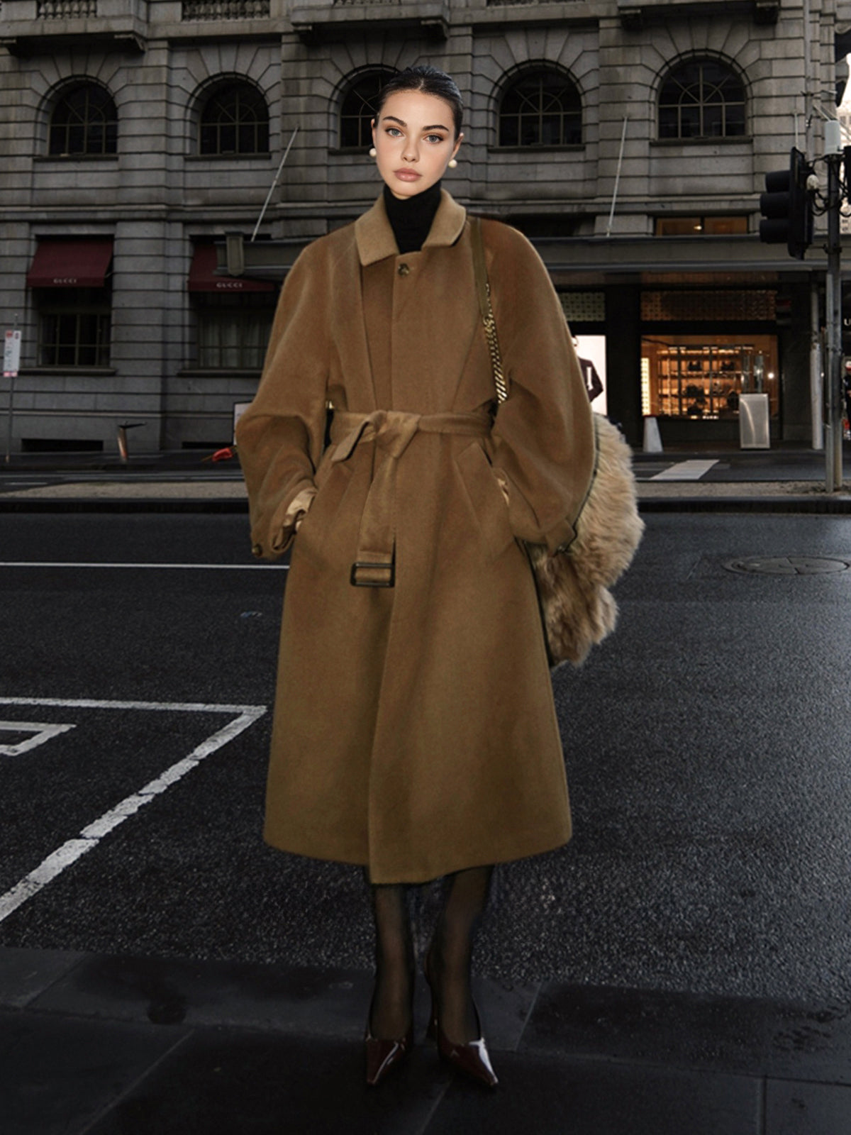 Button Belted Lapel Long Coat-Chicvia