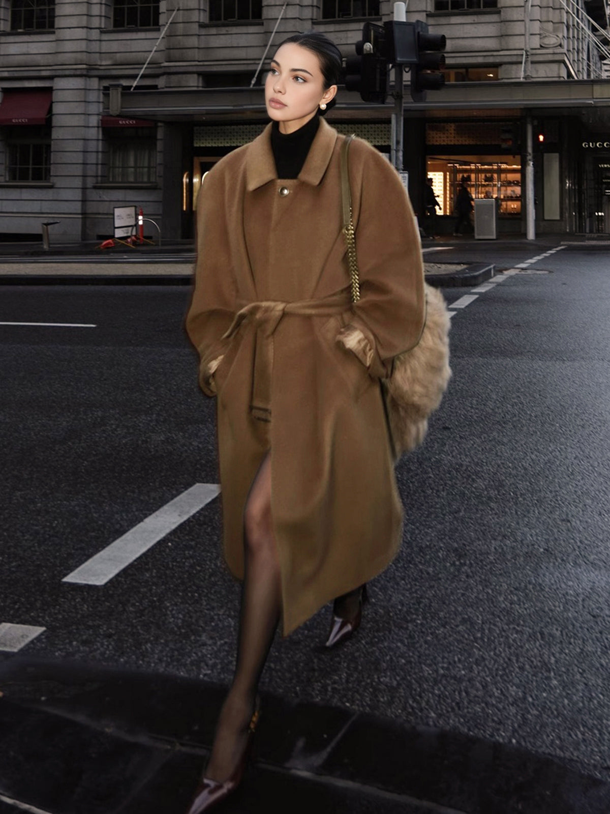 Button Belted Lapel Long Coat-Chicvia