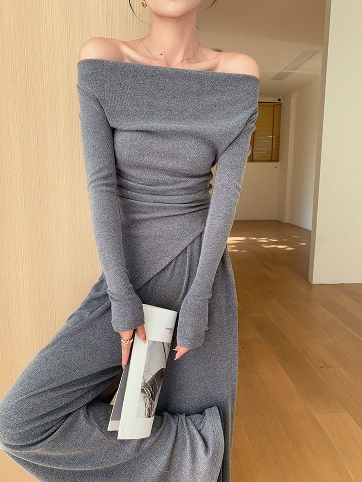 Plain Asymmetrical Draped Pants Set-Chicvia