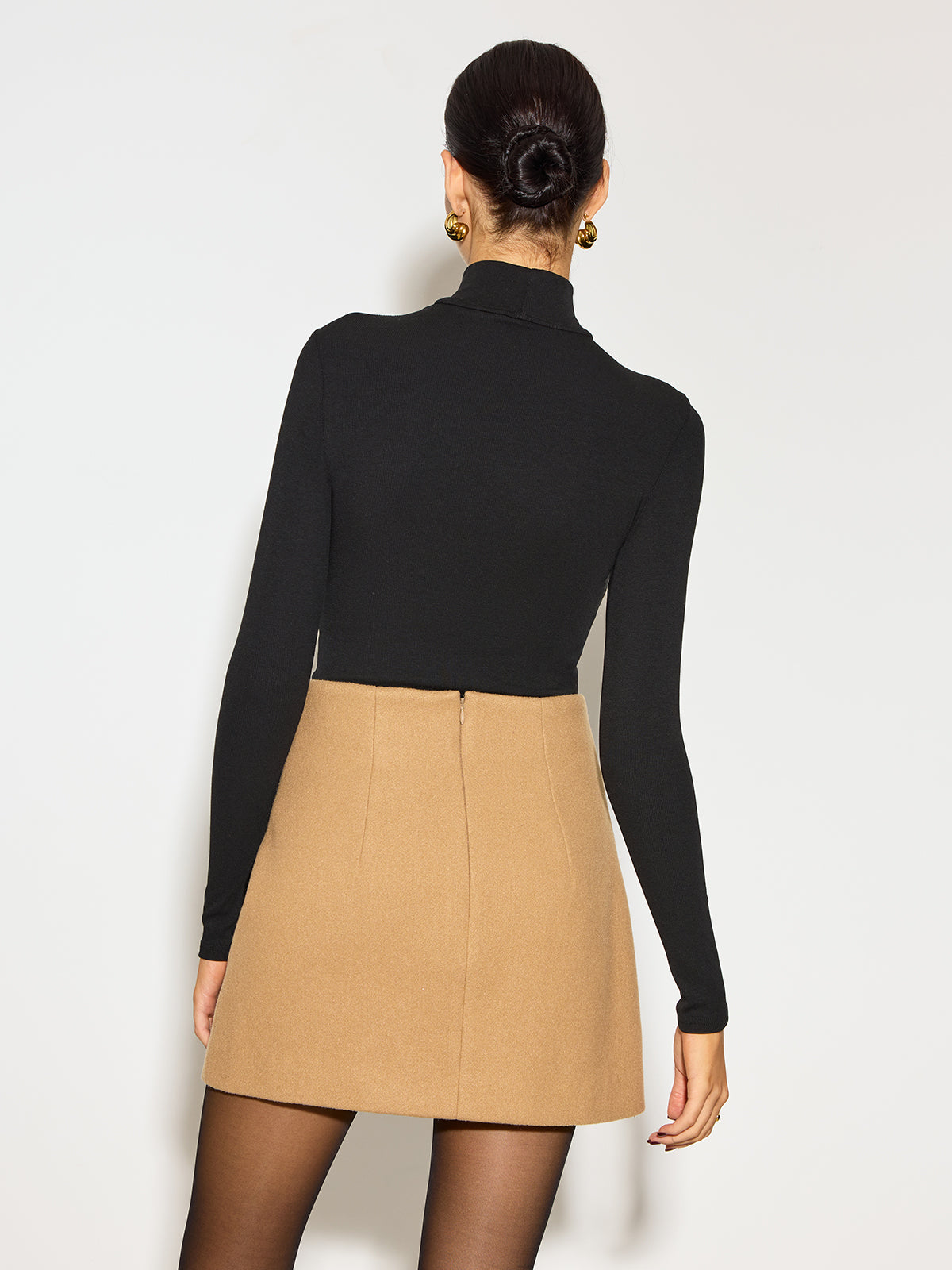 Mock Neck Sheer-Detail Skinny T-Shirt-Chicvia