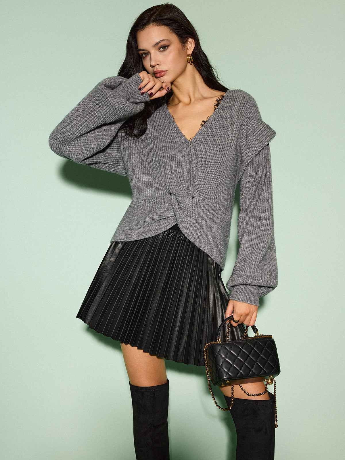 Elastic Waist Faux Leather Pleated Skirt-Chicvia