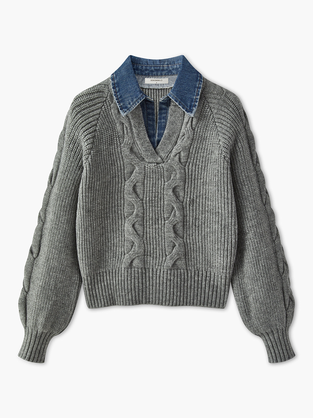 Denim Panel Ribbed Lapel Sweater-Chicvia
