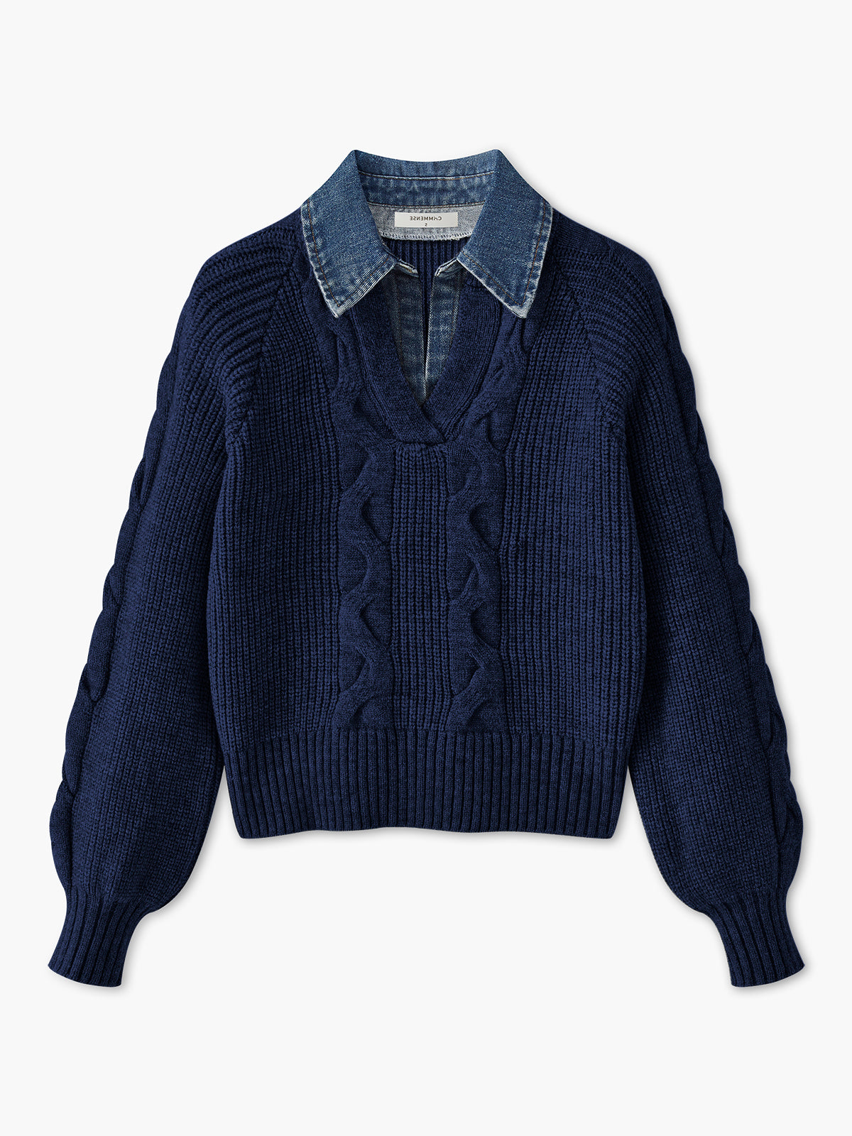 Denim Panel Ribbed Lapel Sweater-Chicvia