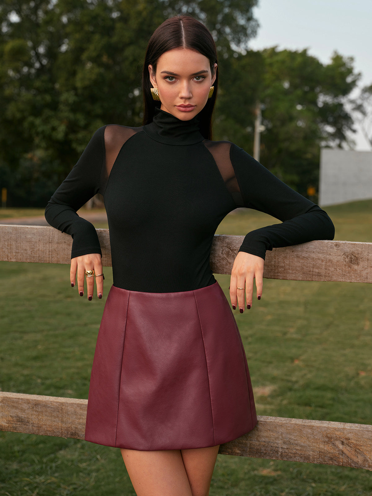 Mid-Waist Faux Leather Back-Zipper Mini Skirt-Chicvia