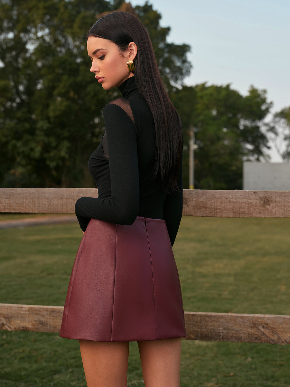 Mid-Waist Faux Leather Back-Zipper Mini Skirt-Chicvia