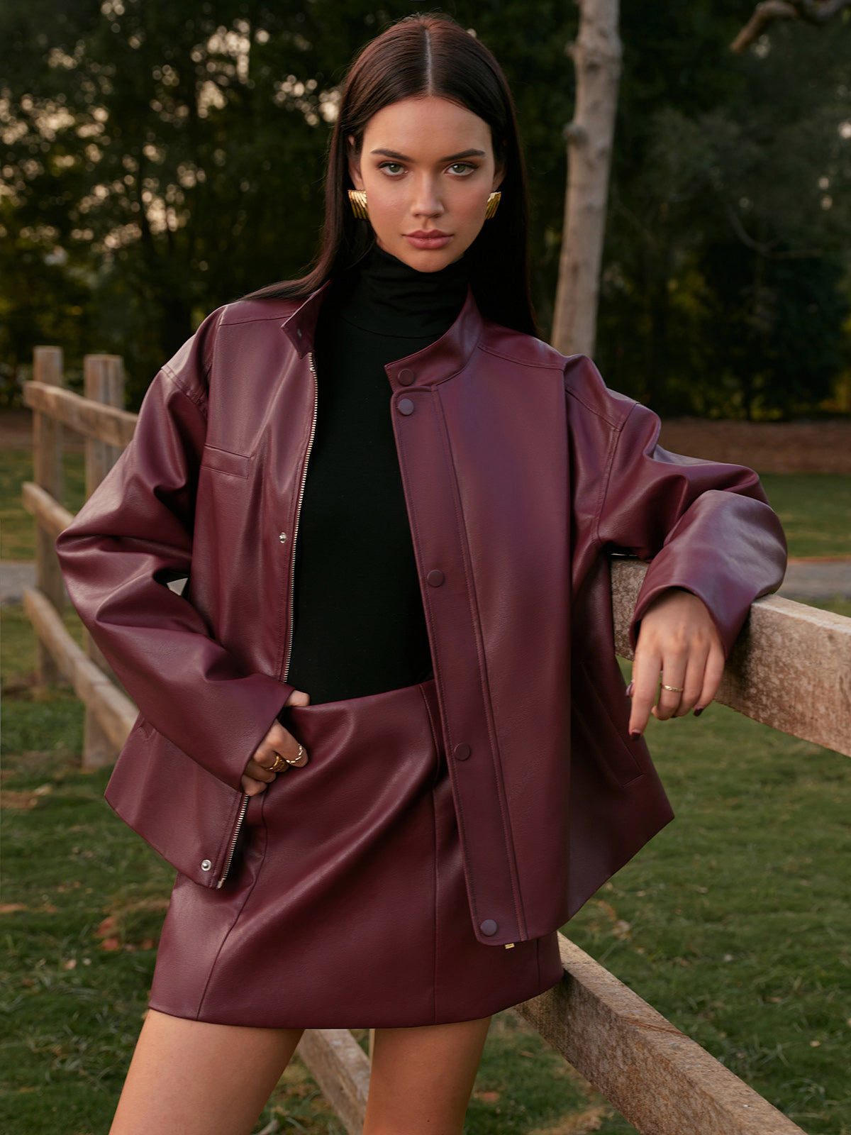 Mid-Waist Faux Leather Back-Zipper Mini Skirt-Chicvia