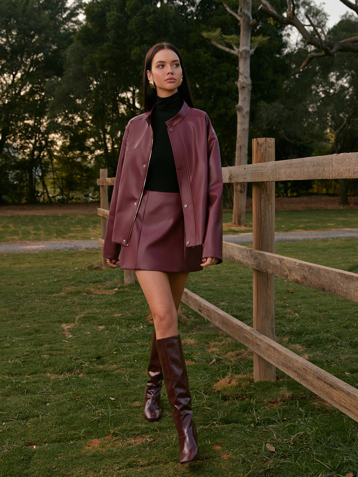 Mid-Waist Faux Leather Back-Zipper Mini Skirt-Chicvia