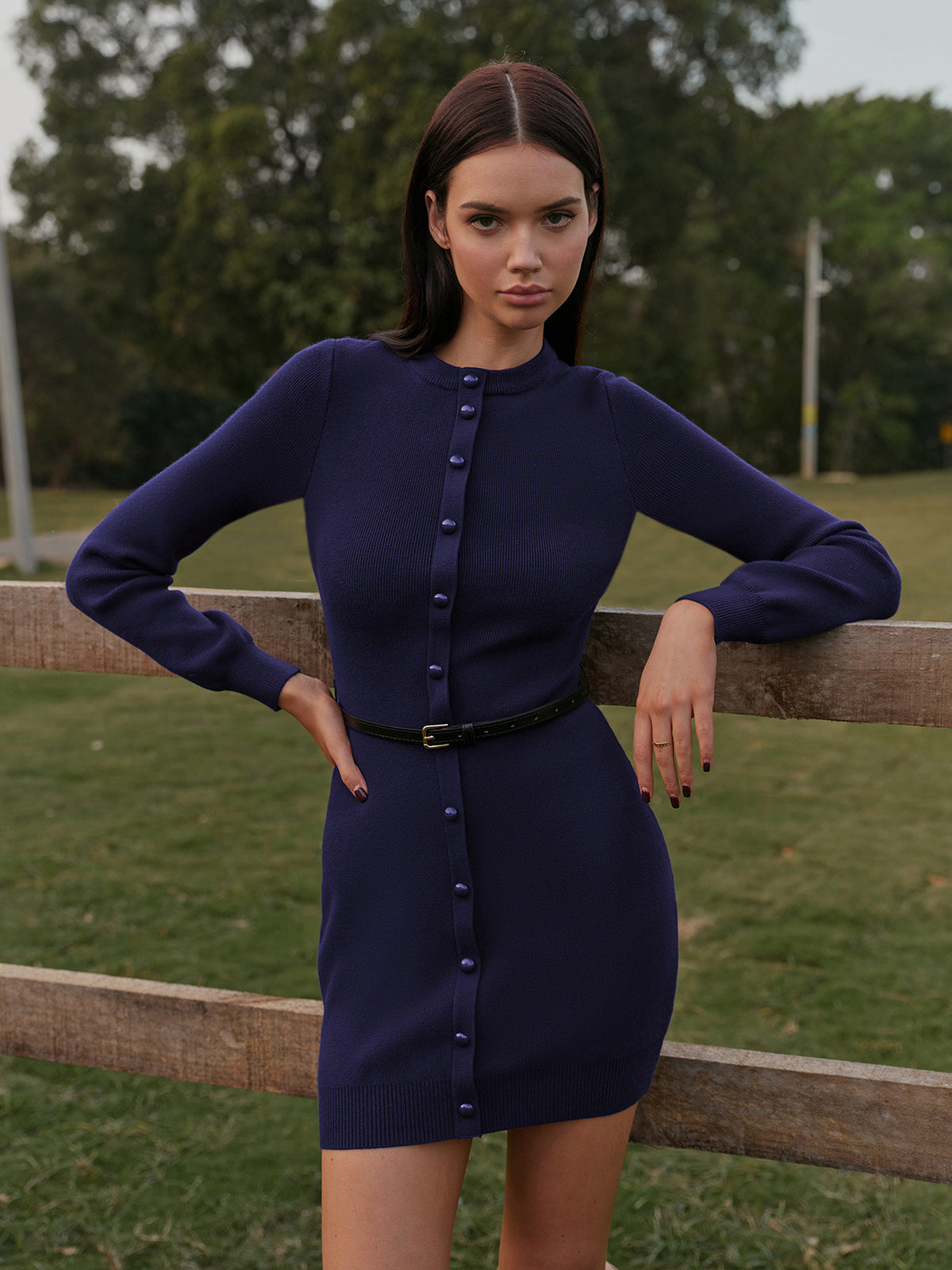 Button-Decor Sweater Hip-Covering Dress With Belt-Chicvia