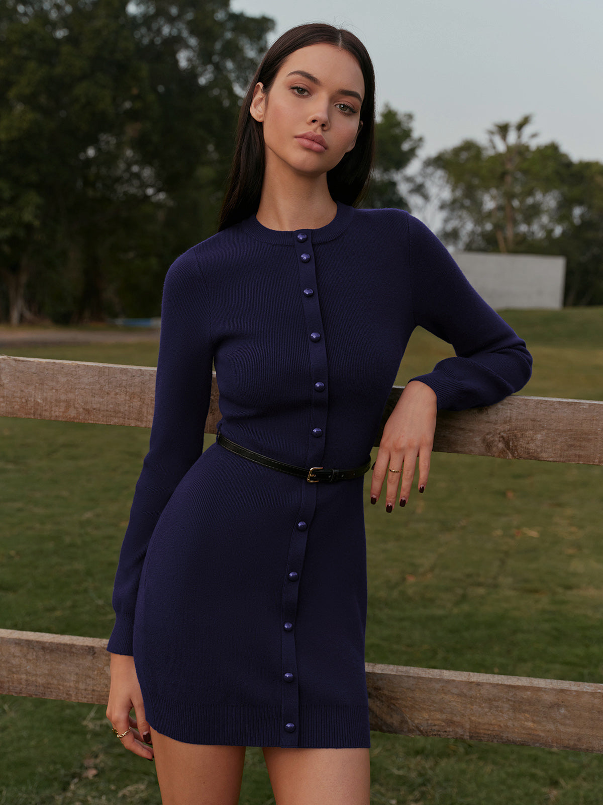 Button-Decor Sweater Hip-Covering Dress With Belt-Chicvia