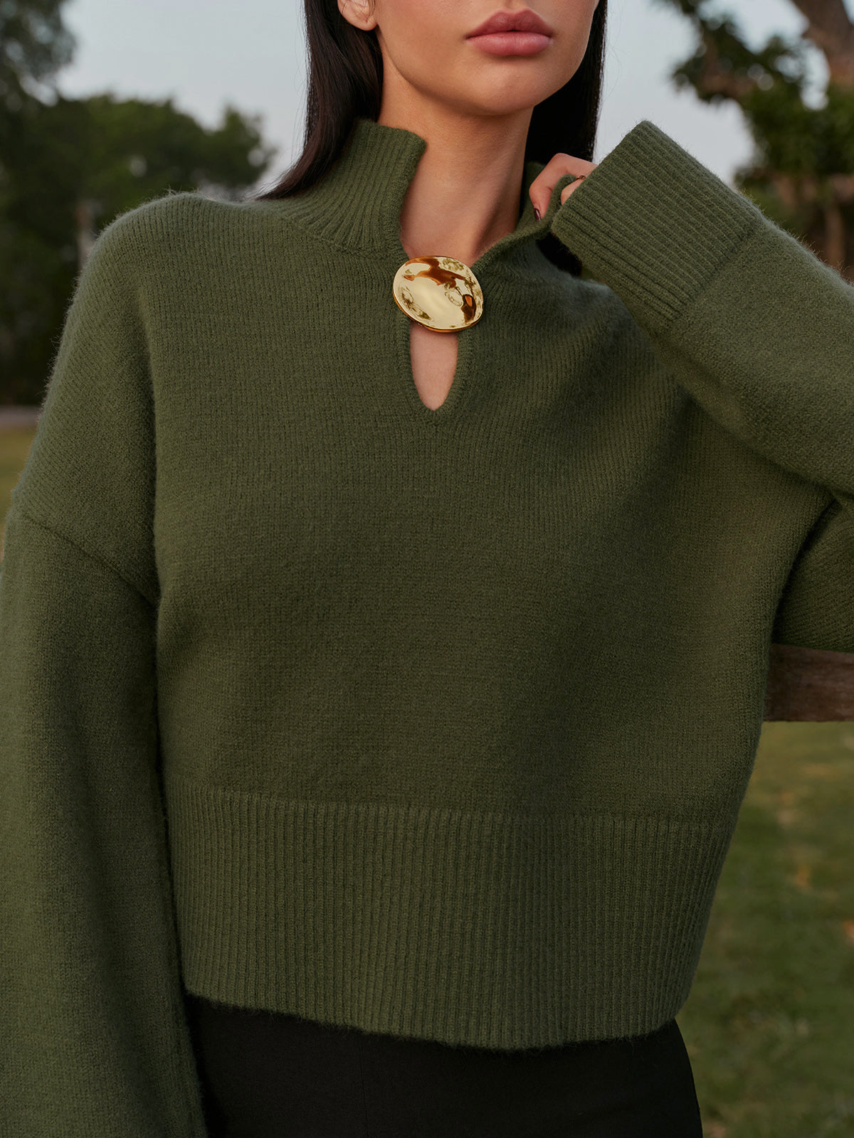 Mock Neck Metal-Detail Short Sweater-Chicvia