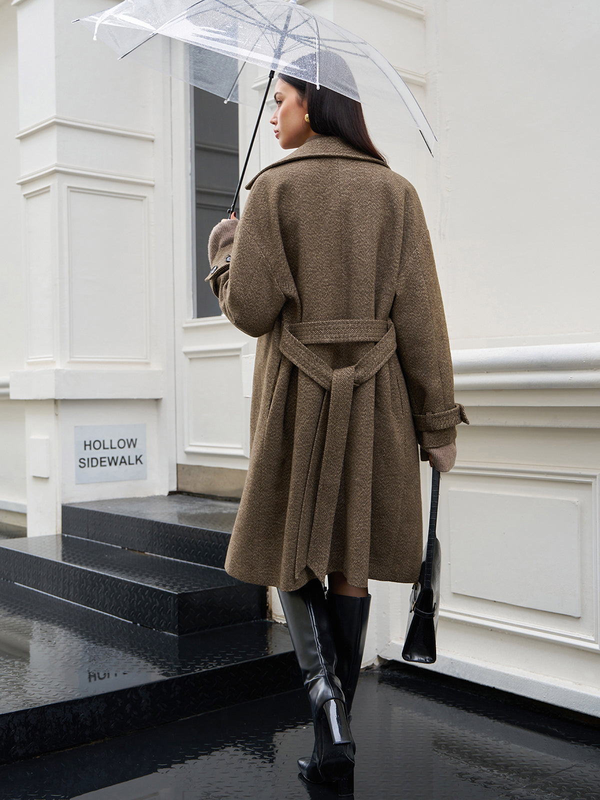 Belted Pockets Long Wool Coat-Chicvia