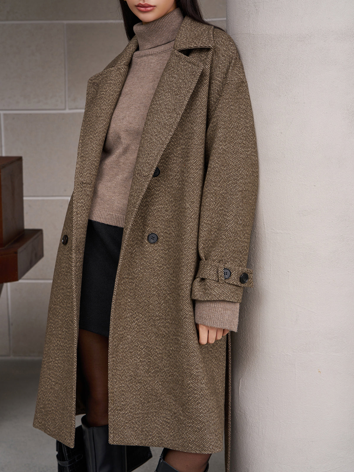 Belted Pockets Long Wool Coat-Chicvia