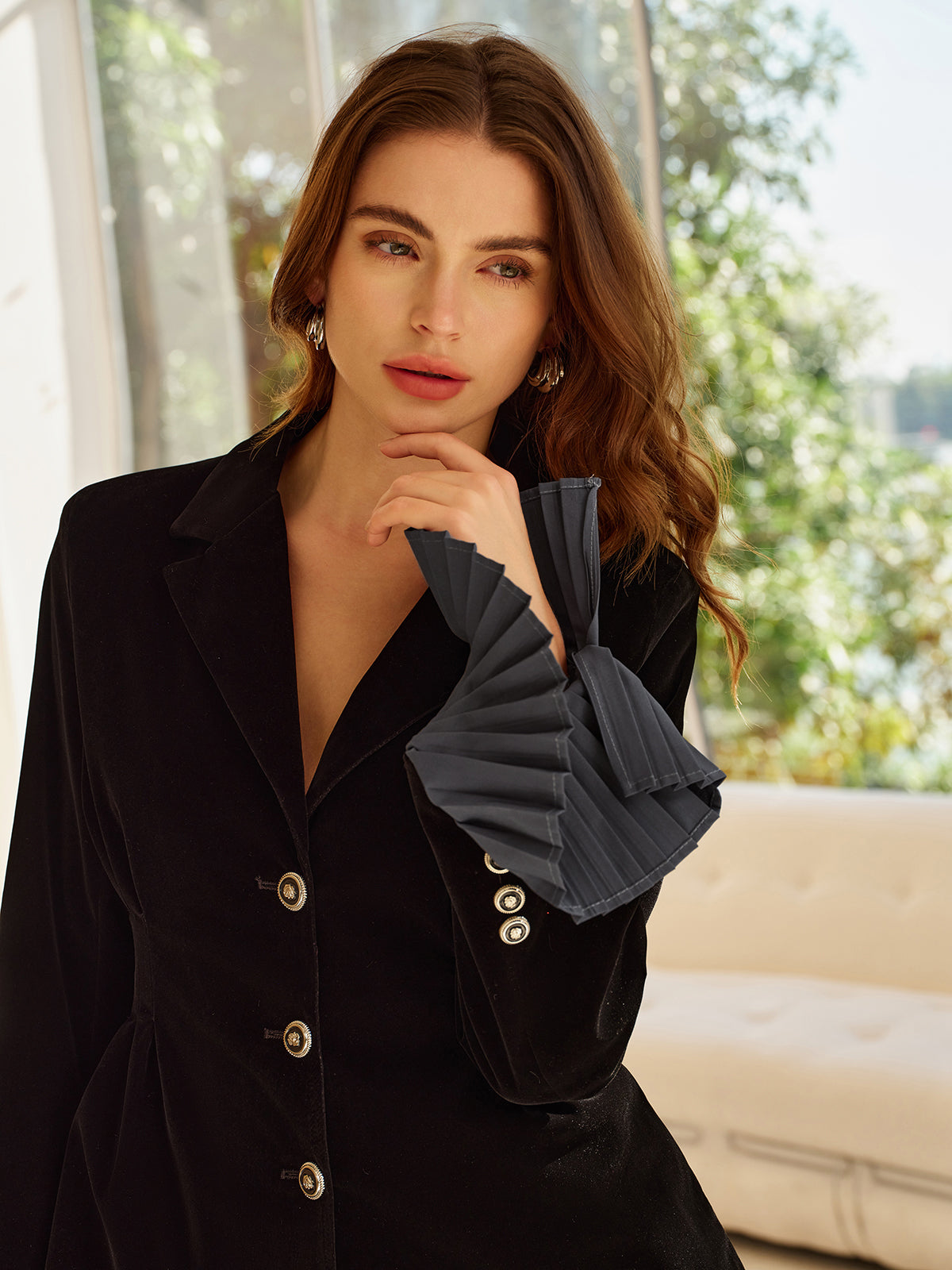 Pleated Ruffle-Cuff Velvet Skirt Set-Chicvia