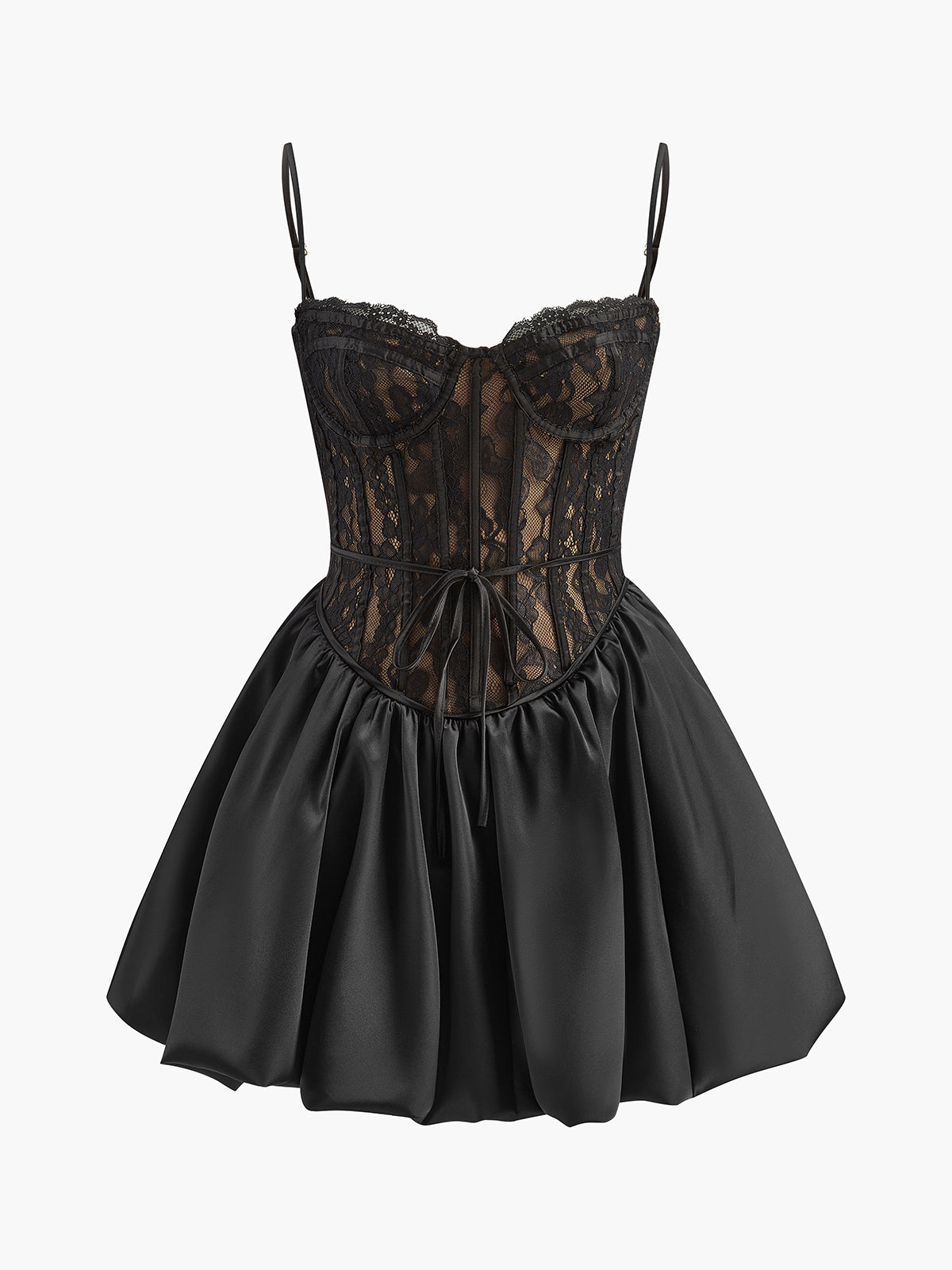 Pleated Satin-Hem Lace Cami Dress-Chicvia
