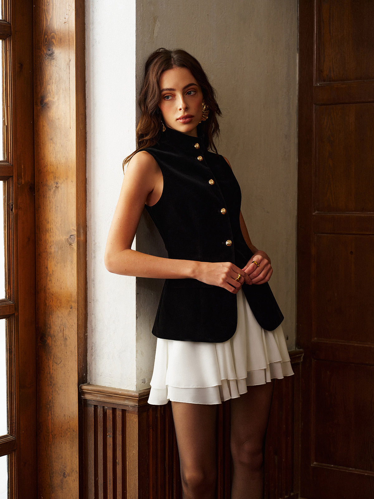 Button Slit Velvet Top With Chiffon Skirt Set-Chicvia