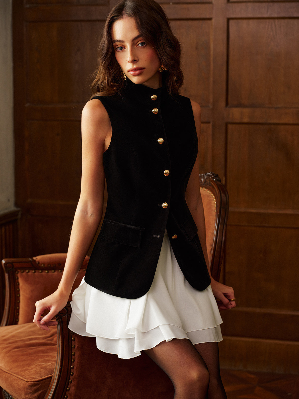 Button Slit Velvet Top With Chiffon Skirt Set-Chicvia