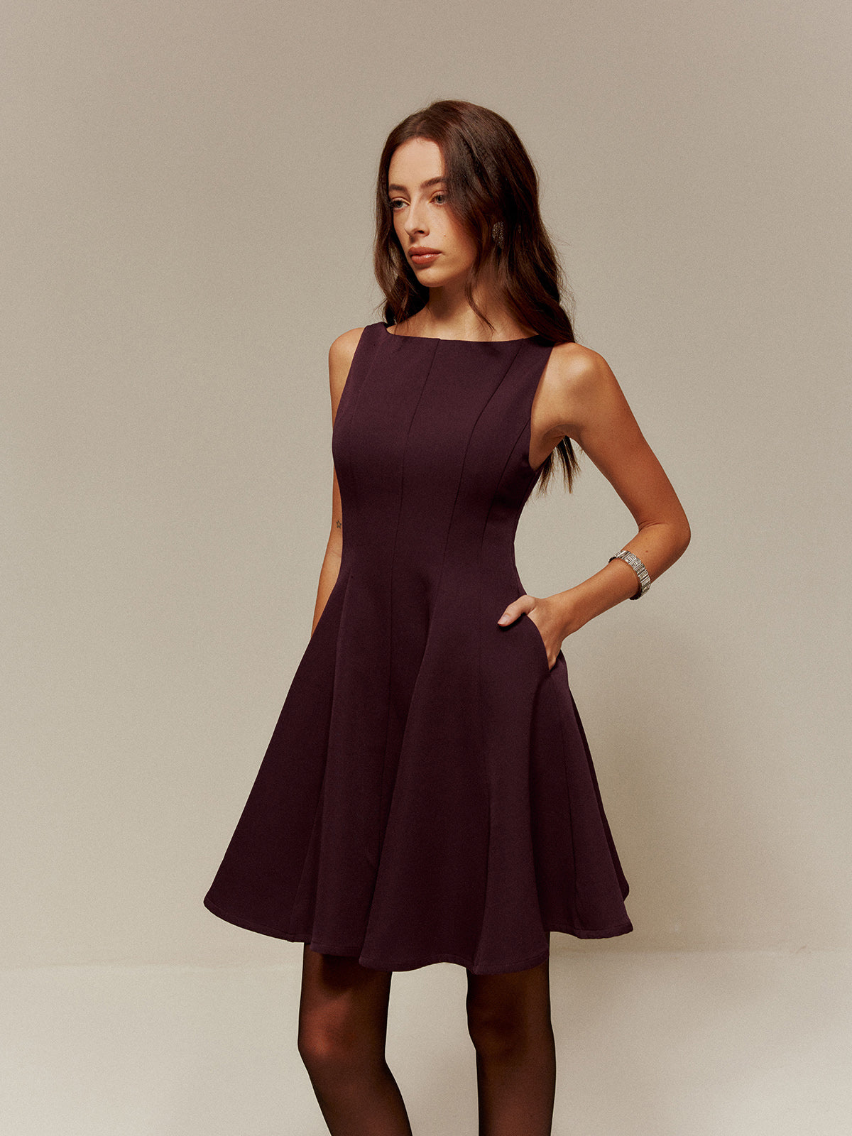 Pleated Pockets Tank Short Dress-Chicvia