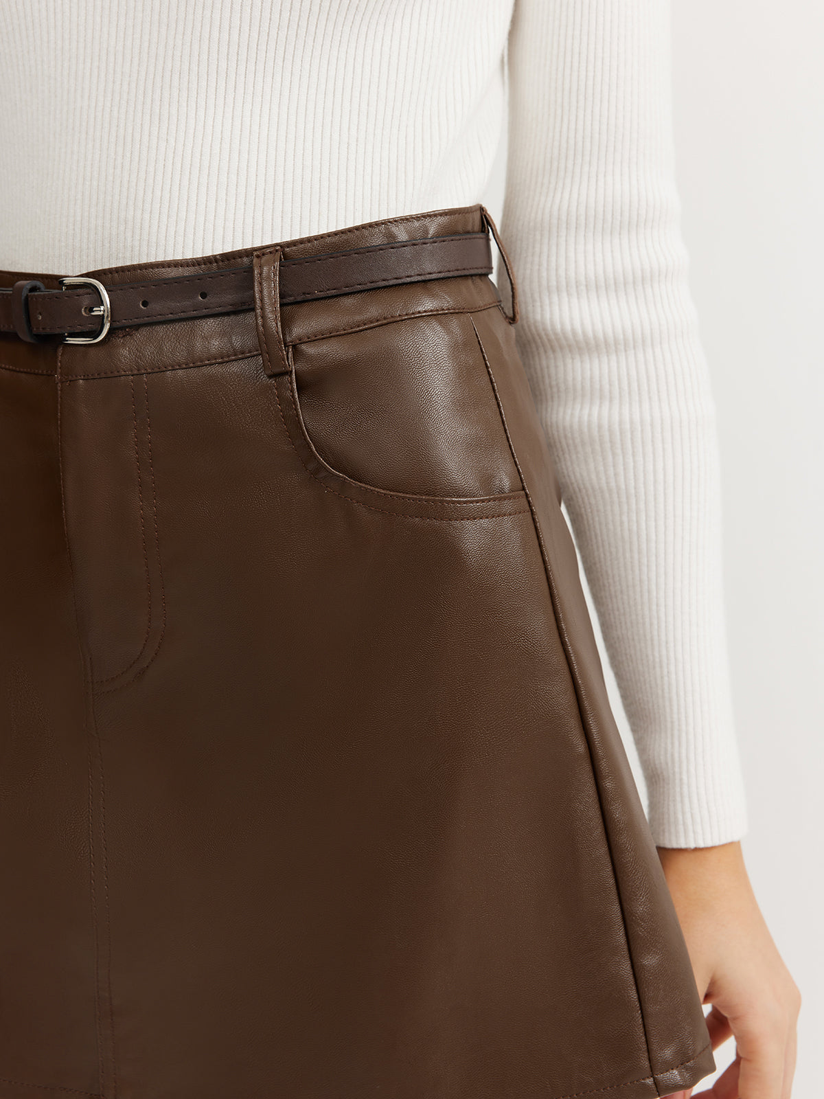 Plain Faux Leather Belted Skirt-Chicvia