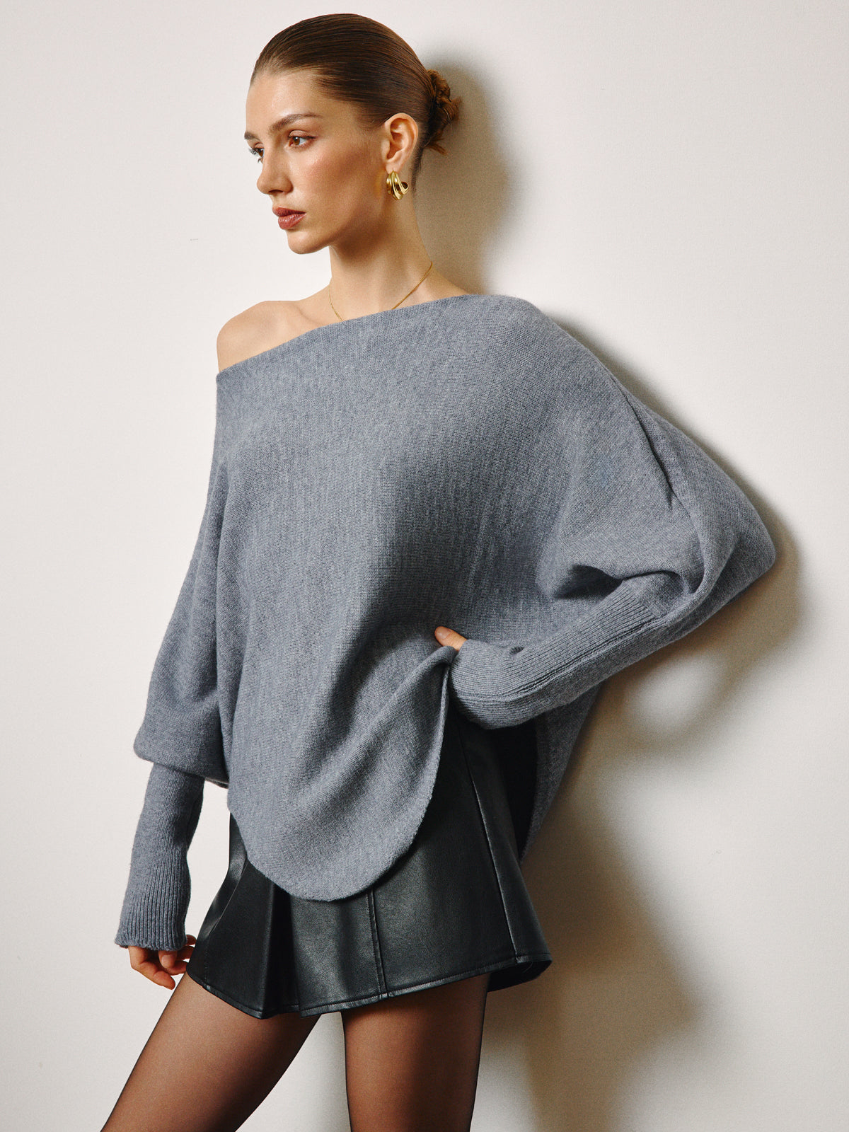 Oversized Asymmetrical Neck Leg-Of-Mutton Sleeve Sweater-Chicvia