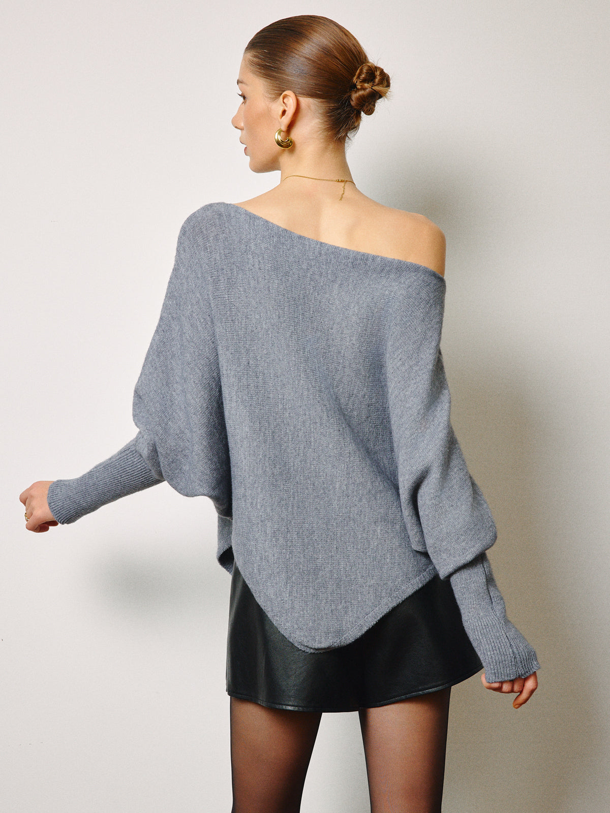 Oversized Asymmetrical Neck Leg-Of-Mutton Sleeve Sweater-Chicvia