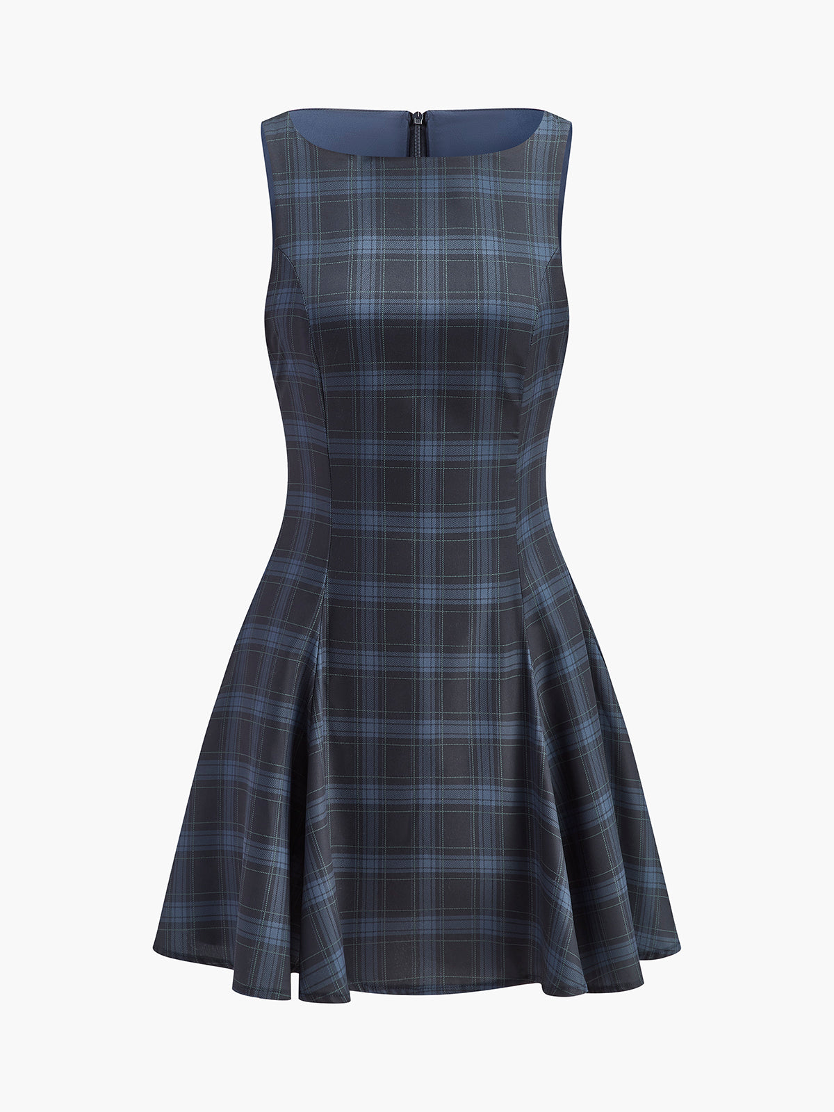 Checked Pleated Zipper Tank Dress-Chicvia