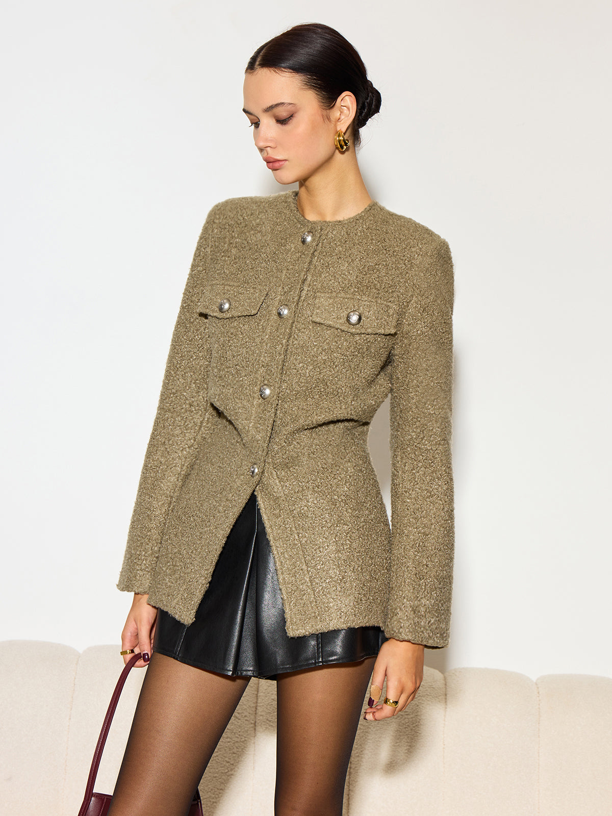 Crew Neck Button Down Tweed Coat-Chicvia