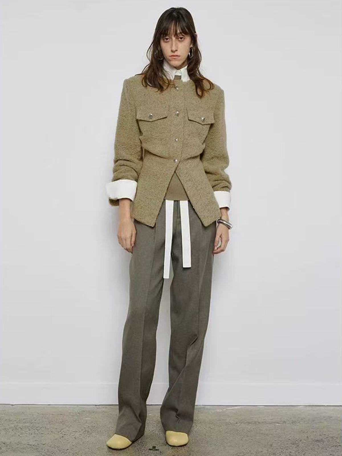 Crew Neck Button Down Tweed Coat-Chicvia