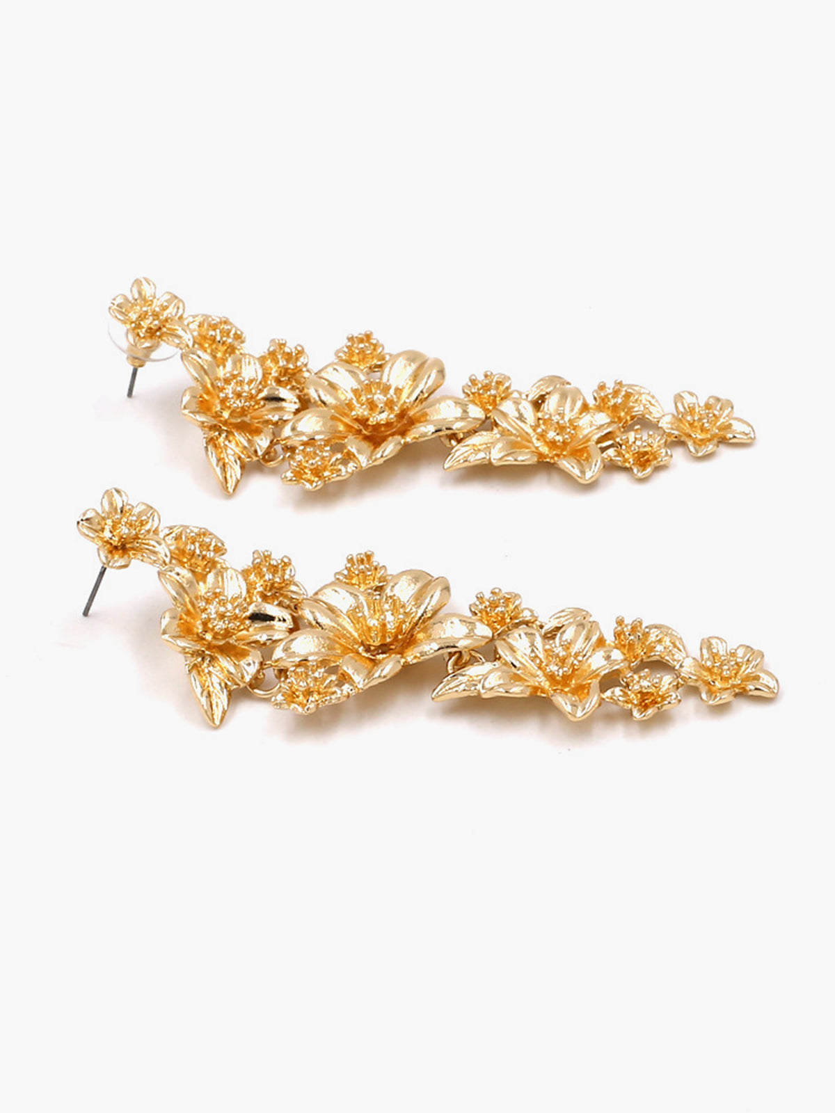 Golden Floral Stud Drop Earrings-Chicvia