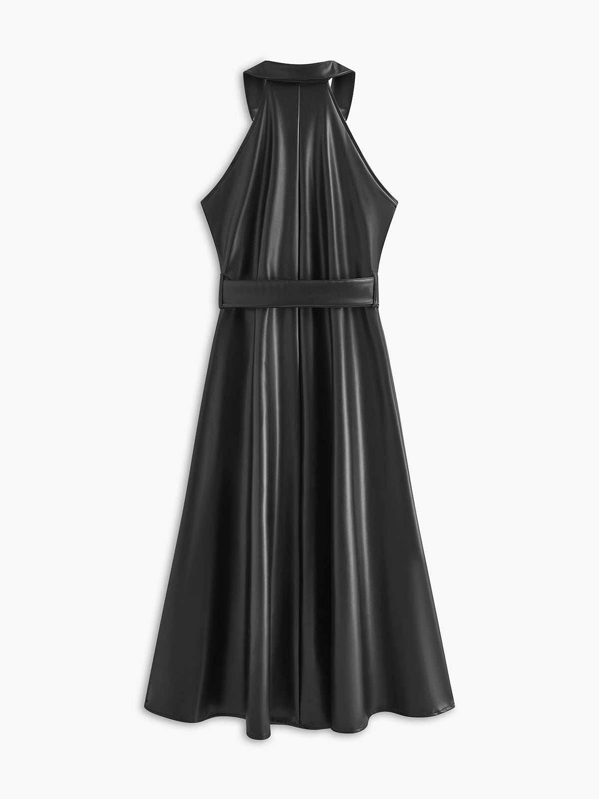 Faux Leather Sleeveless Belted Dress-Chicvia