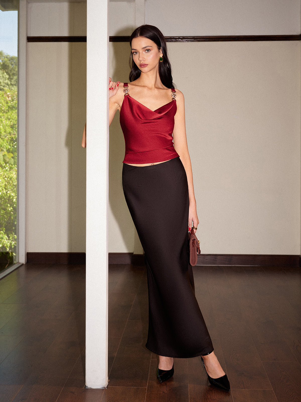 Cowl Neck Metal-Detail Satin Cami Top-Chicvia