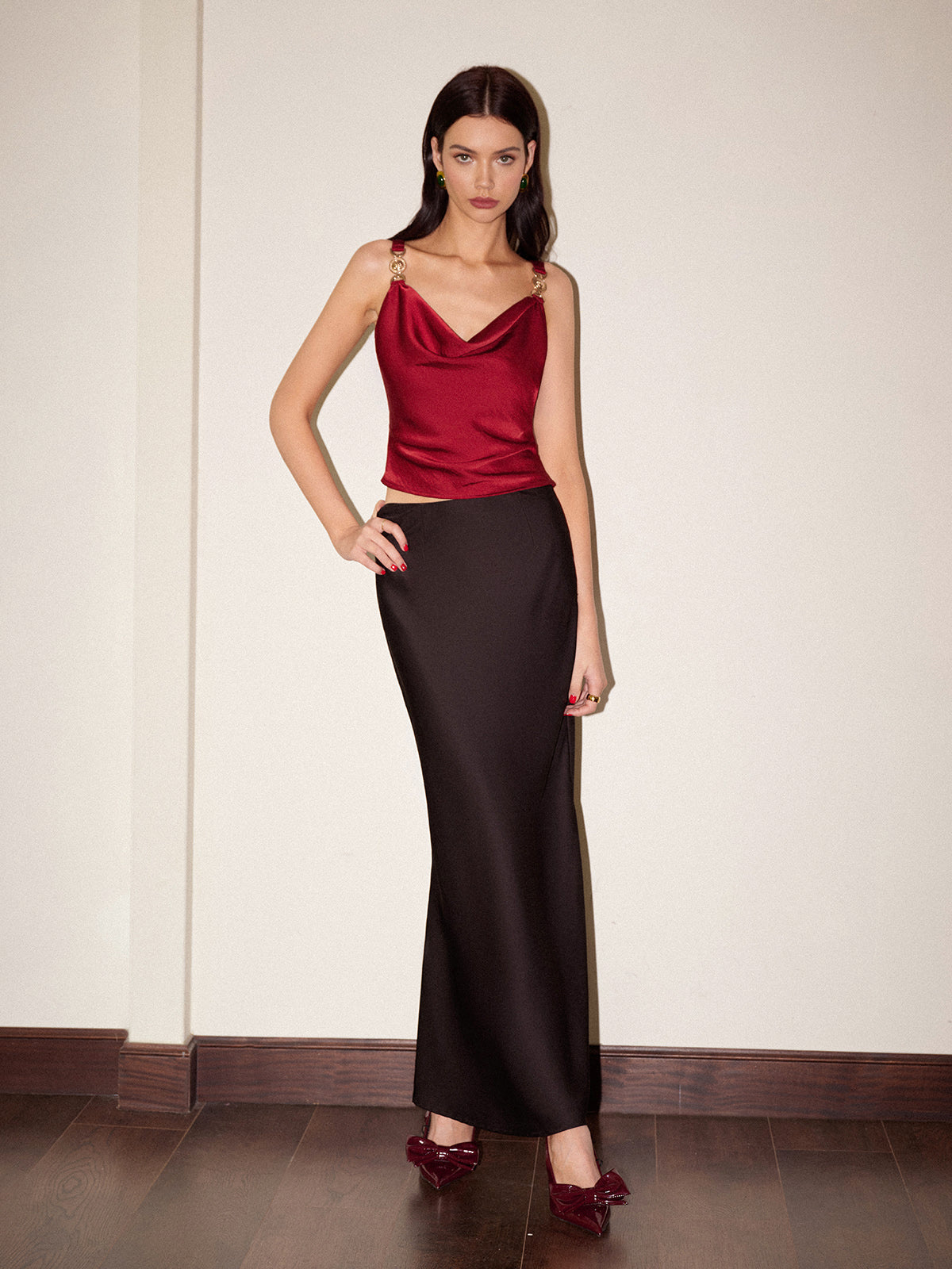 Cowl Neck Metal-Detail Satin Cami Top-Chicvia