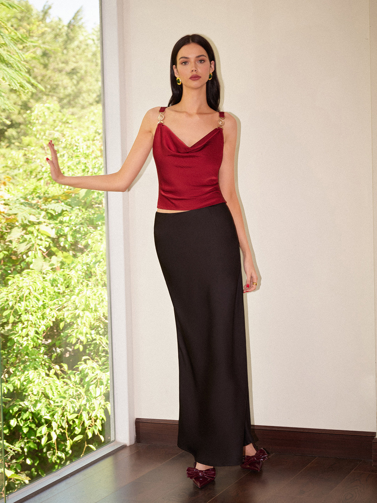 Cowl Neck Metal-Detail Satin Cami Top-Chicvia