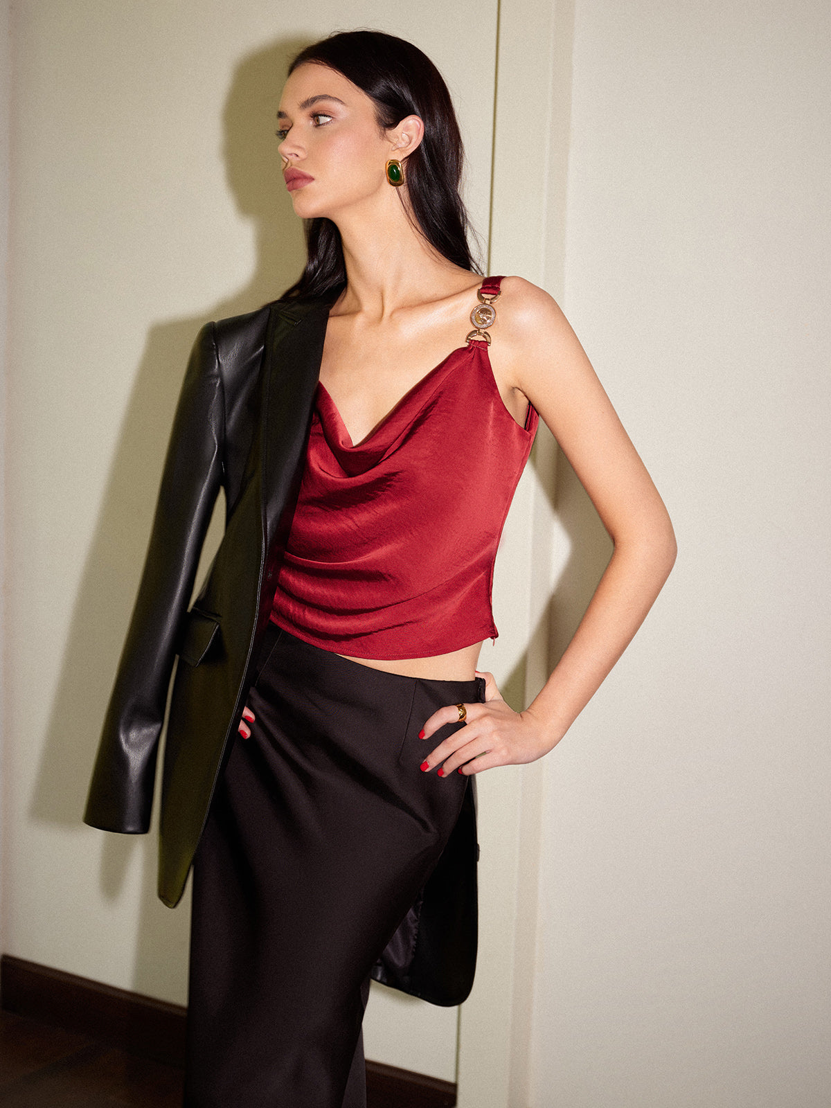 Cowl Neck Metal-Detail Satin Cami Top-Chicvia