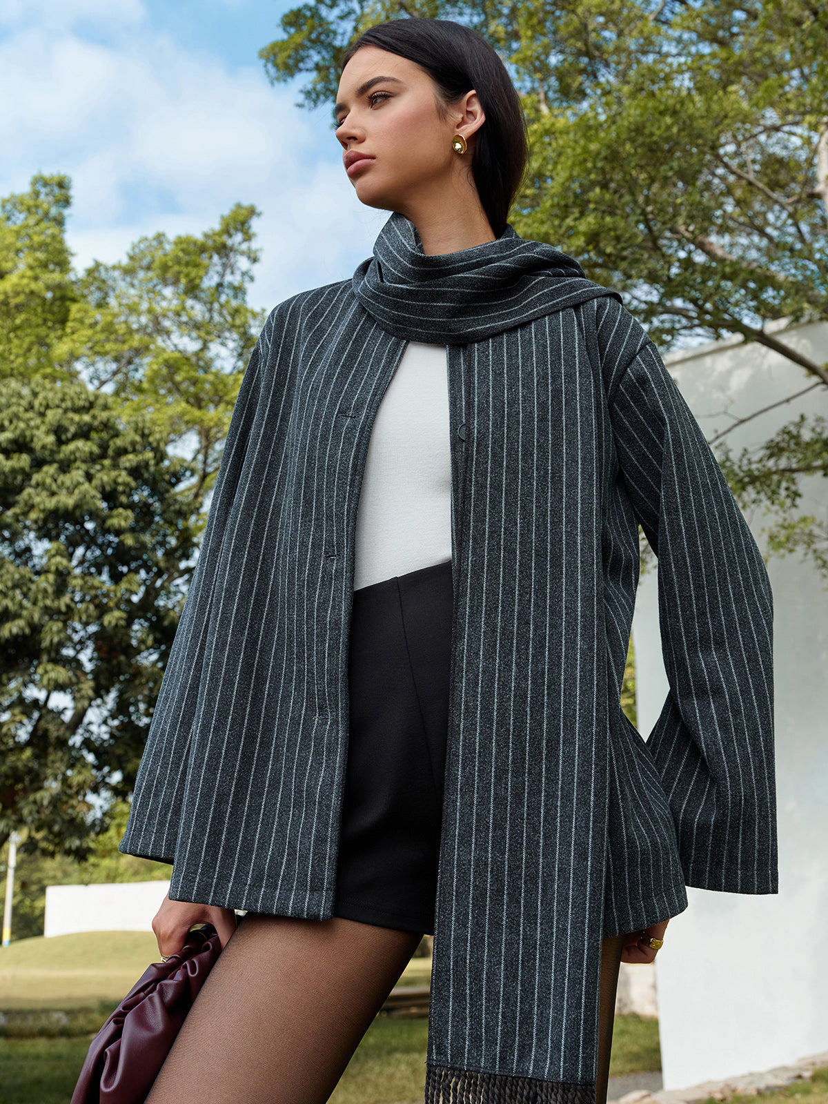 Pinstripe Button Blazer With Matching Tassel Scarf-Chicvia