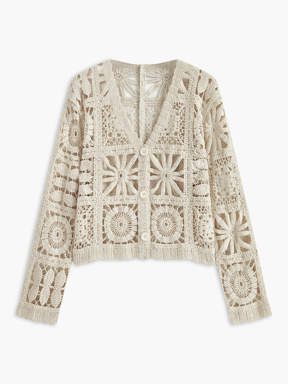 Crochet Square Pattern Button-Front Cardigan-Chicvia