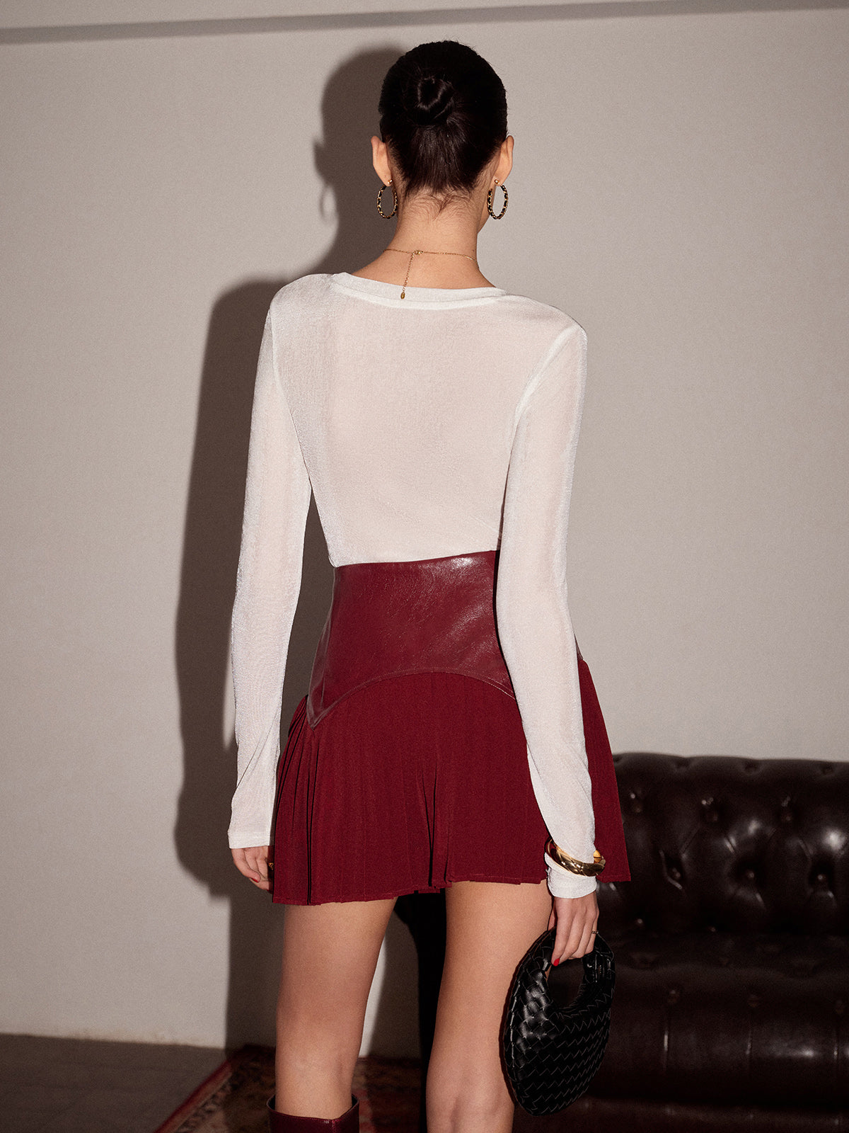 Faux Leather Pleated Panel Mini Skirt-Chicvia