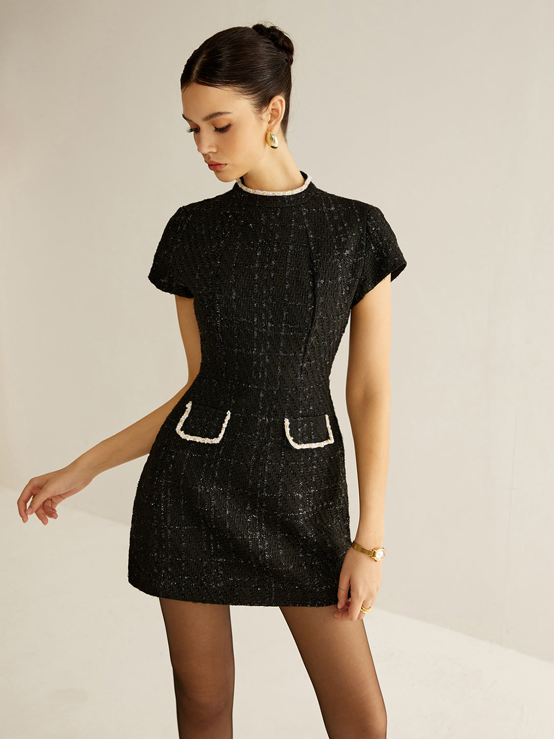 Elegant Short Sleeve Tweed Dress-Chicvia
