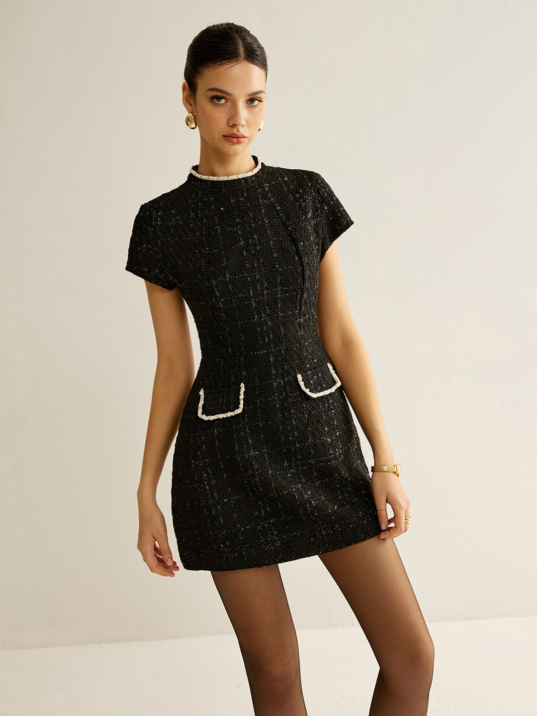 Elegant Short Sleeve Tweed Dress-Chicvia
