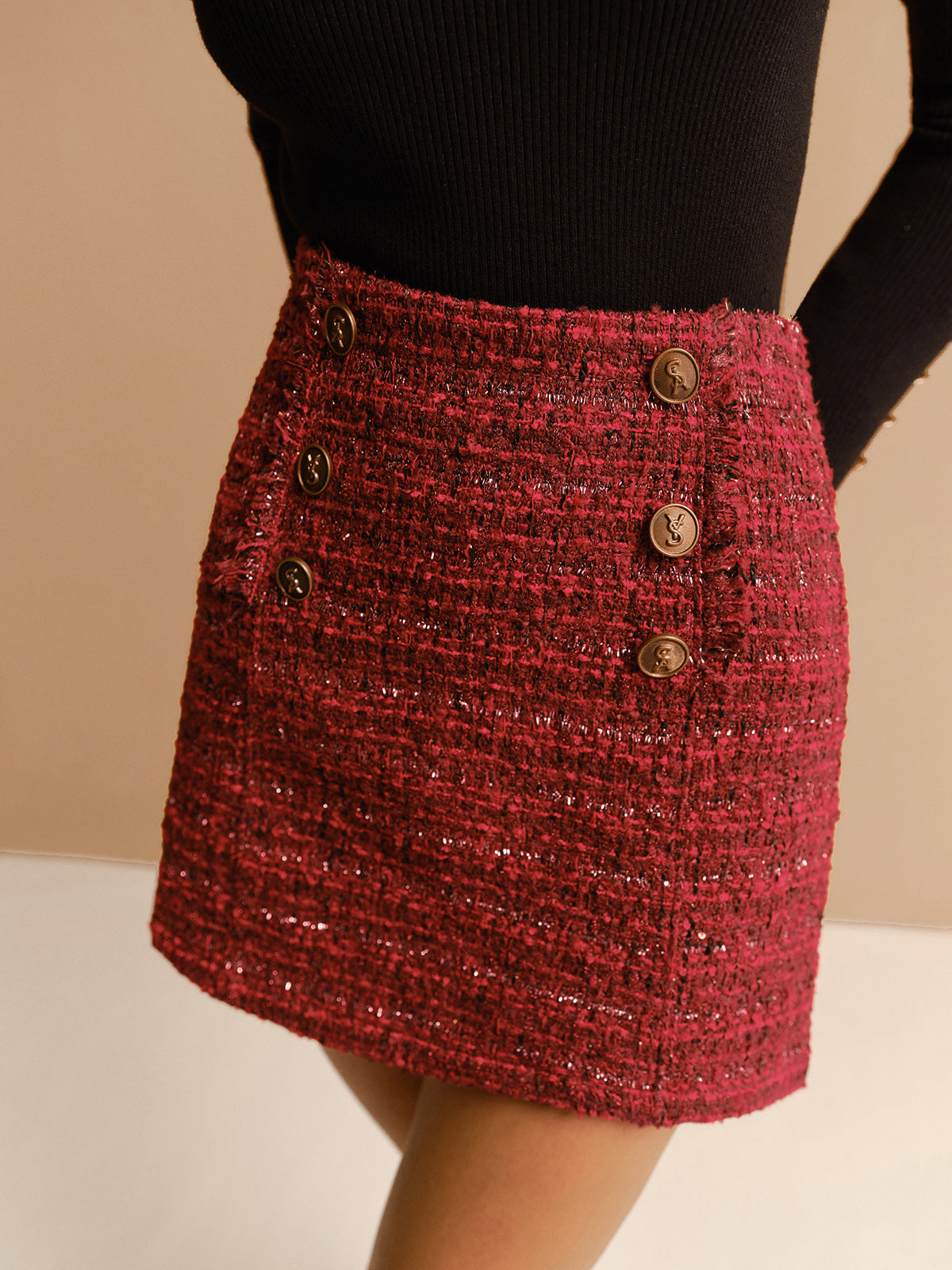 Mid-Waist Tweed Zipper Skirt-Chicvia