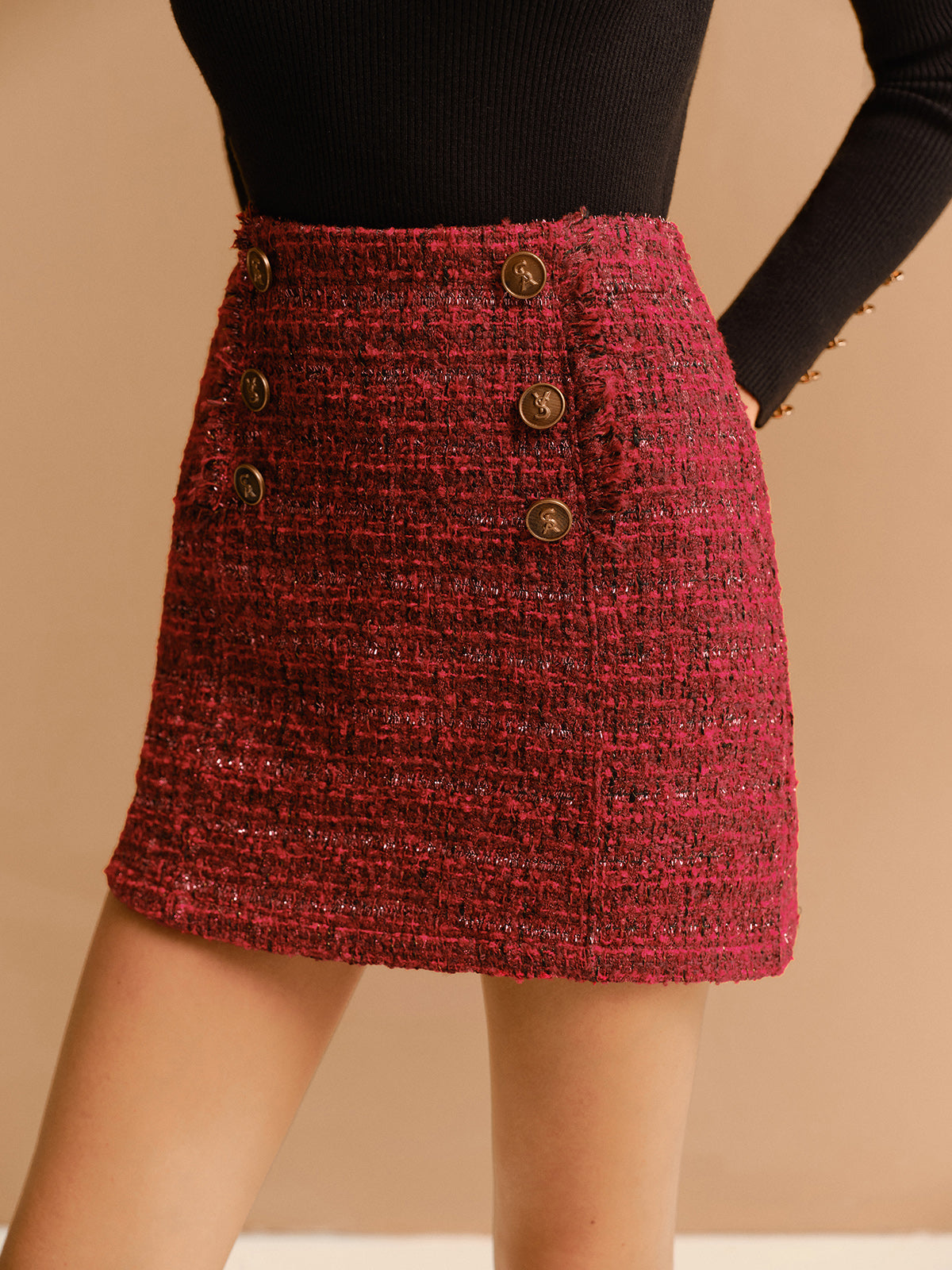 Mid-Waist Tweed Zipper Skirt-Chicvia
