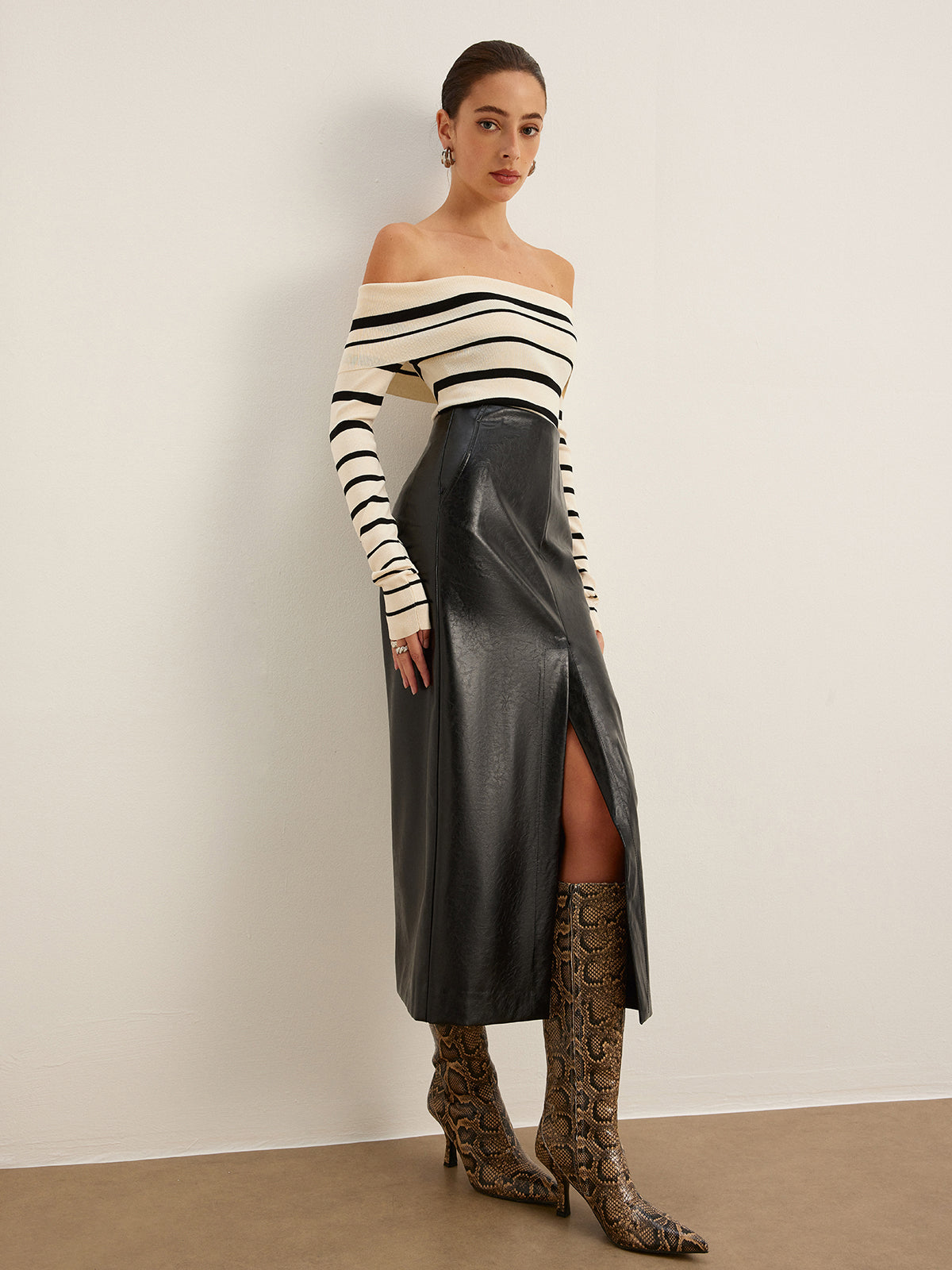 Double Sided Split Faux Leather Skirt-Chicvia