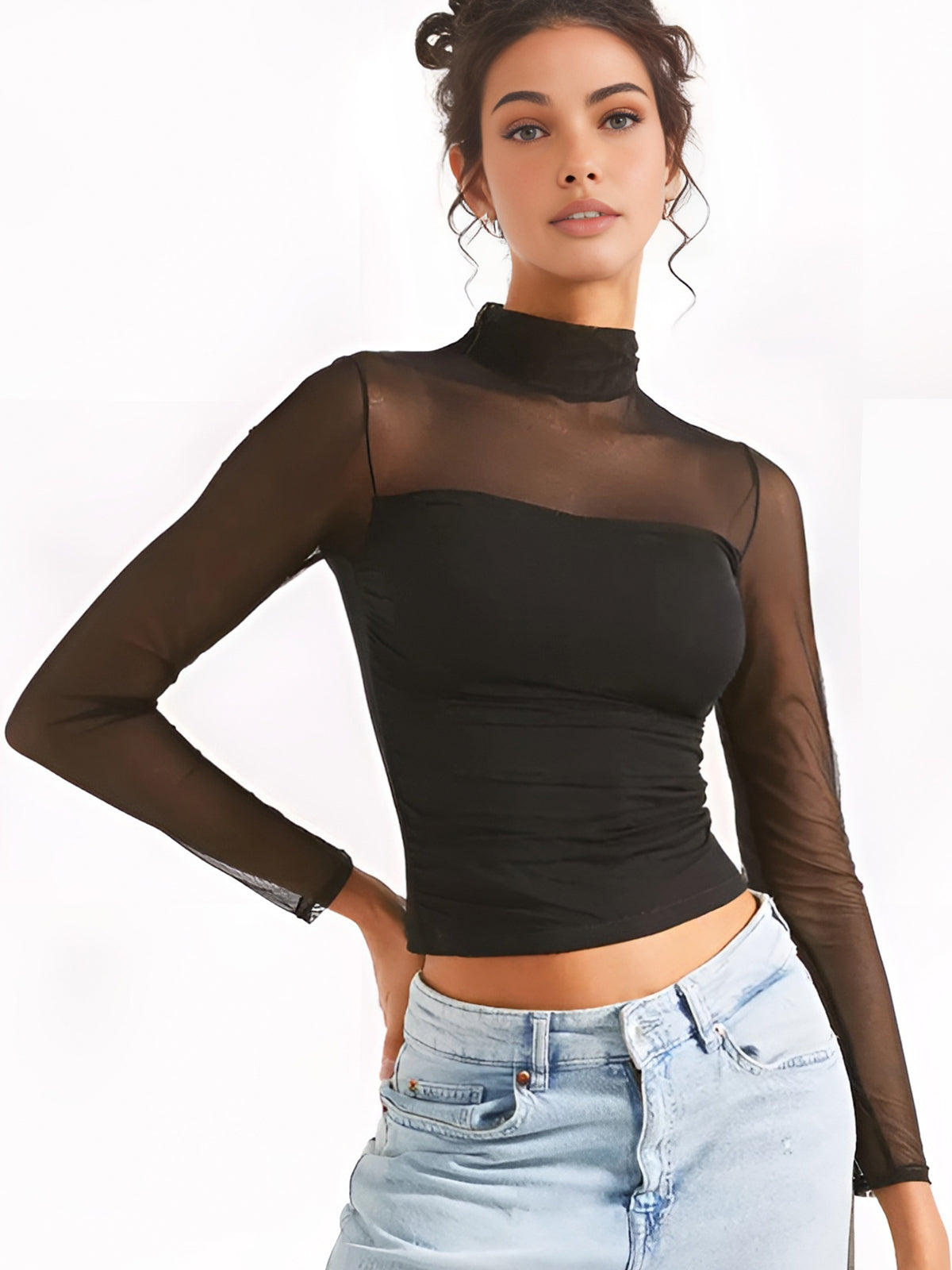 Pleated Sheer Panel T-Shirt-Chicvia
