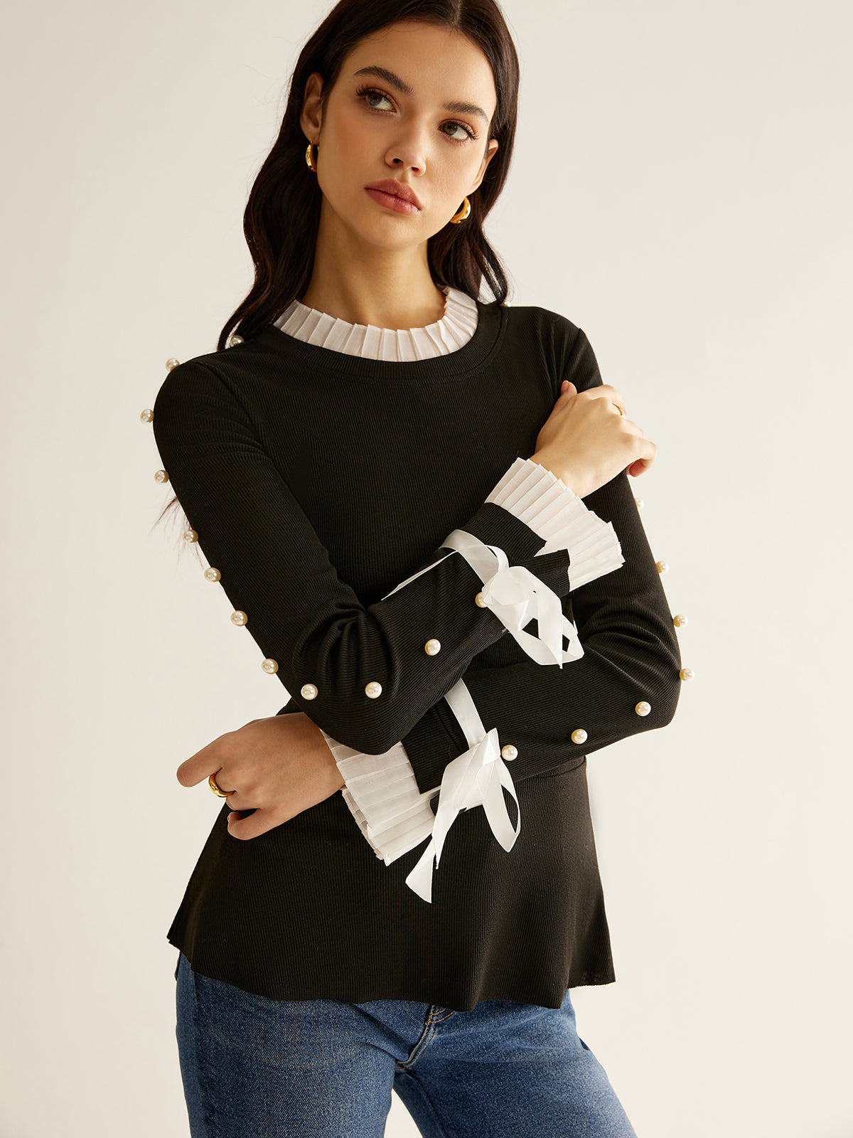 Pearl Decor Panel Pleated Blouse-Chicvia