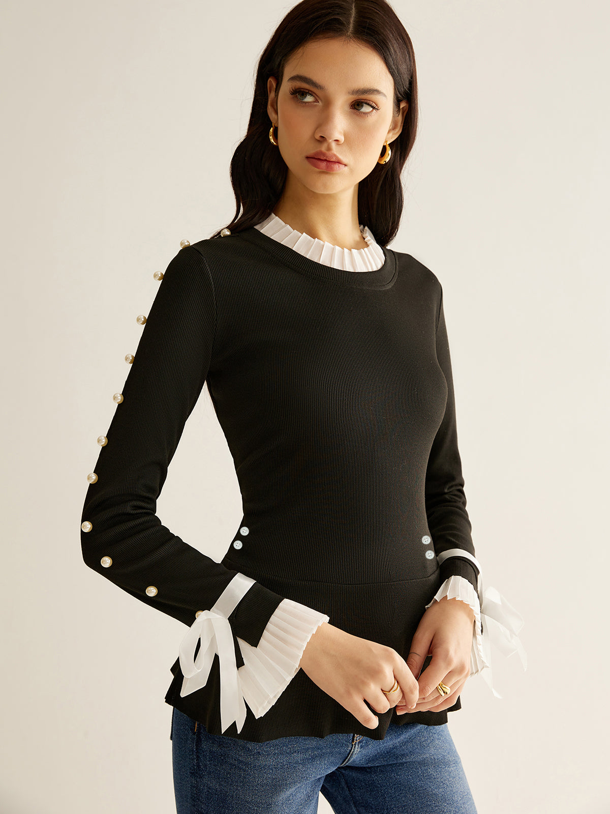 Pearl Decor Panel Pleated Blouse-Chicvia